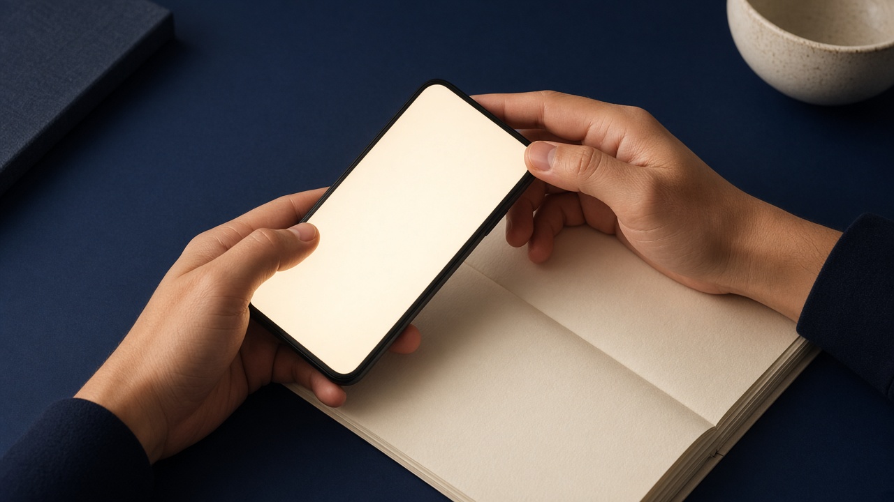 Hands holding a phone over a notebook, the screen a blank glow, for a branded search check