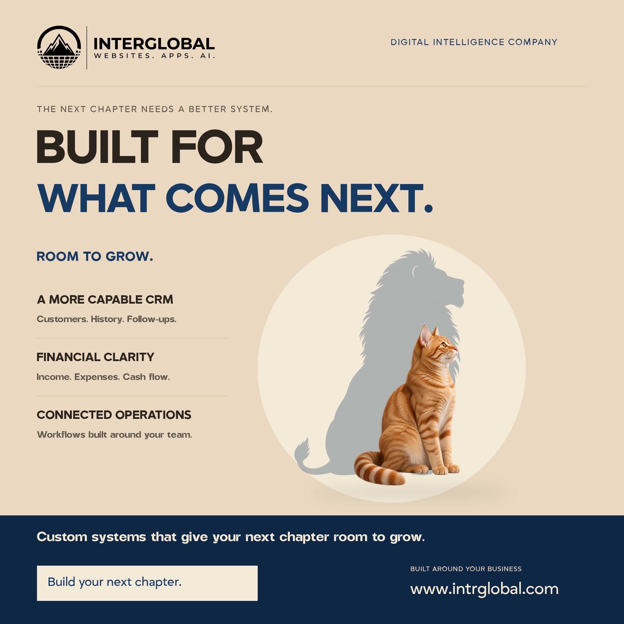 Cream poster. A seated ginger cat and a separate lion silhouette. Headline: Built for what comes next. Lines for a more capable CRM, financial clarity, and connected operations. Button: Build your next chapter. Website: www.intrglobal.com.