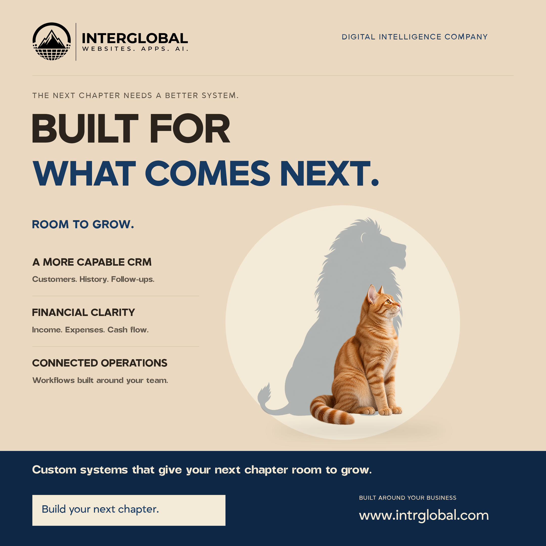 Cream poster. A seated ginger cat and a separate lion silhouette. Headline: Built for what comes next. Lines for a more capable CRM, financial clarity, and connected operations. Button: Build your next chapter. Website: www.intrglobal.com.