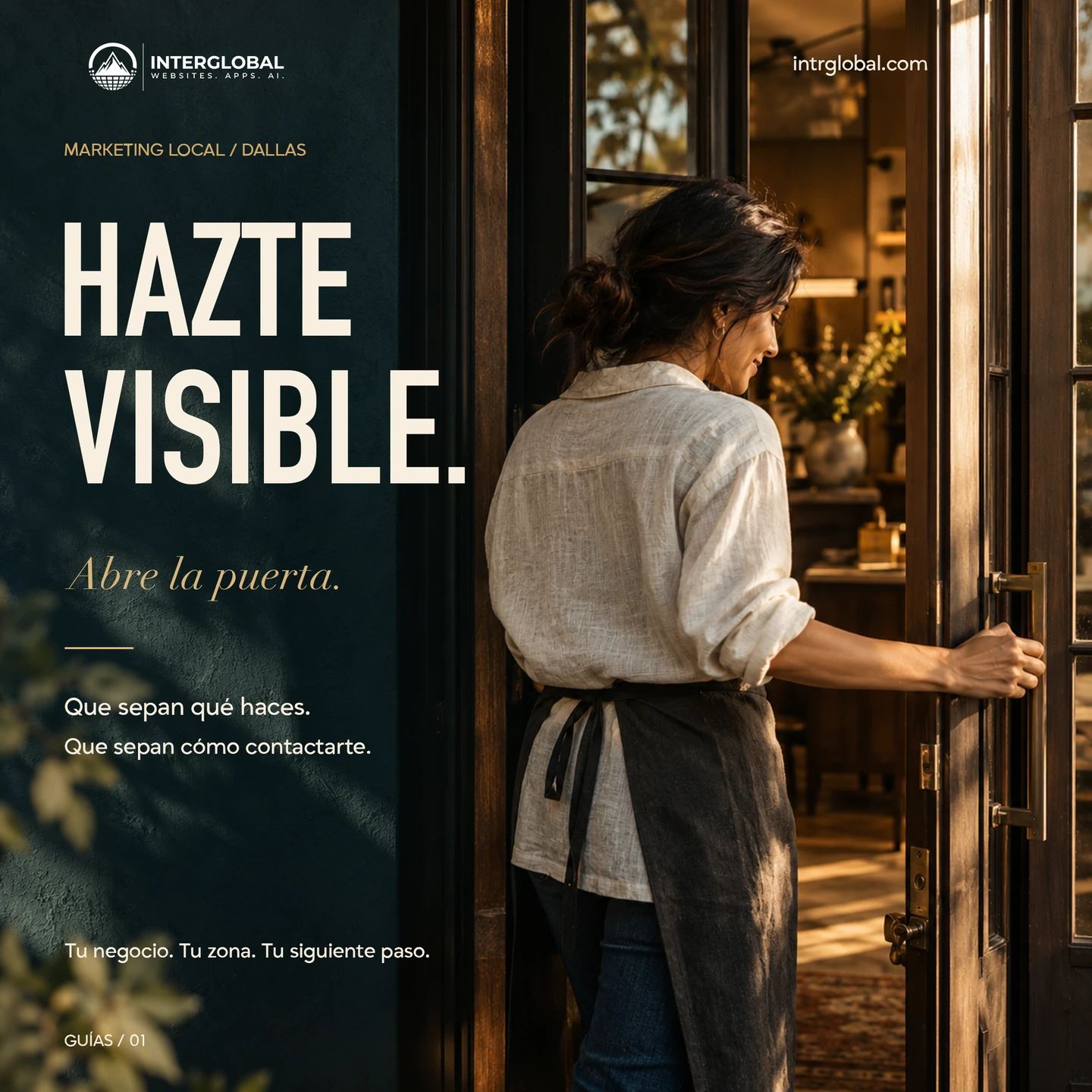 Escena ilustrativa de una mujer abriendo la puerta de un negocio junto al mensaje «Hazte visible».