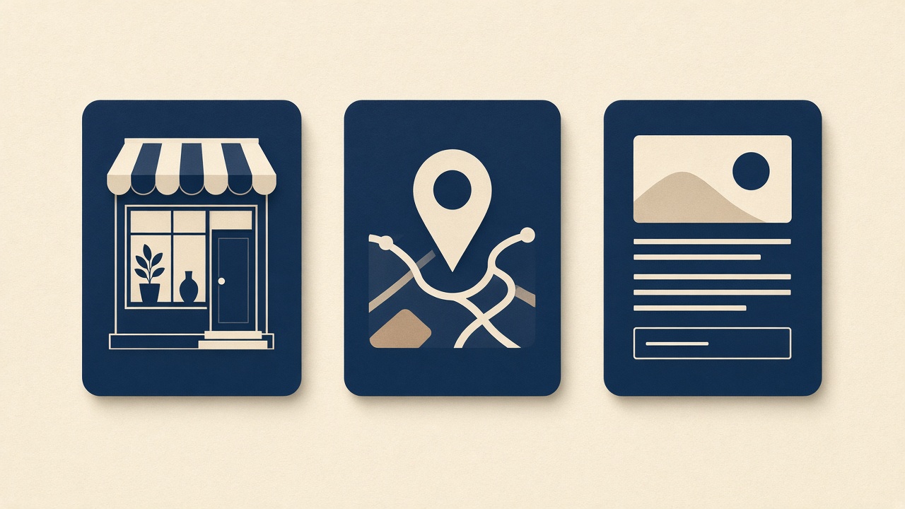 Cream and navy illustration of a storefront, a map pin, and a blank webpage, the three pieces of Dallas local SEO.