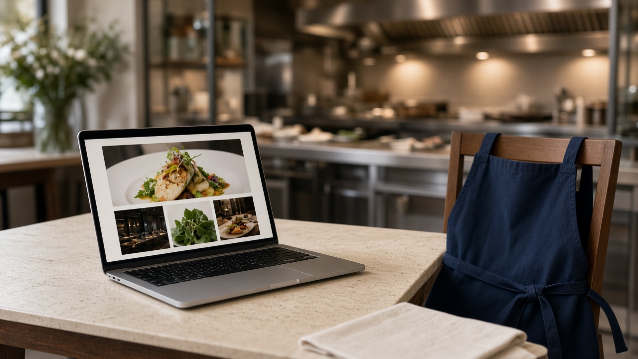 Laptop on a restaurant kitchen counter showing a plated-food website gallery next to a navy apron
