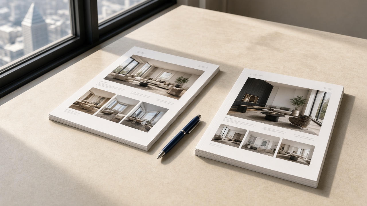 Printed website layout boards and a navy pen on a stone desk beside a window overlooking the Dallas skyline