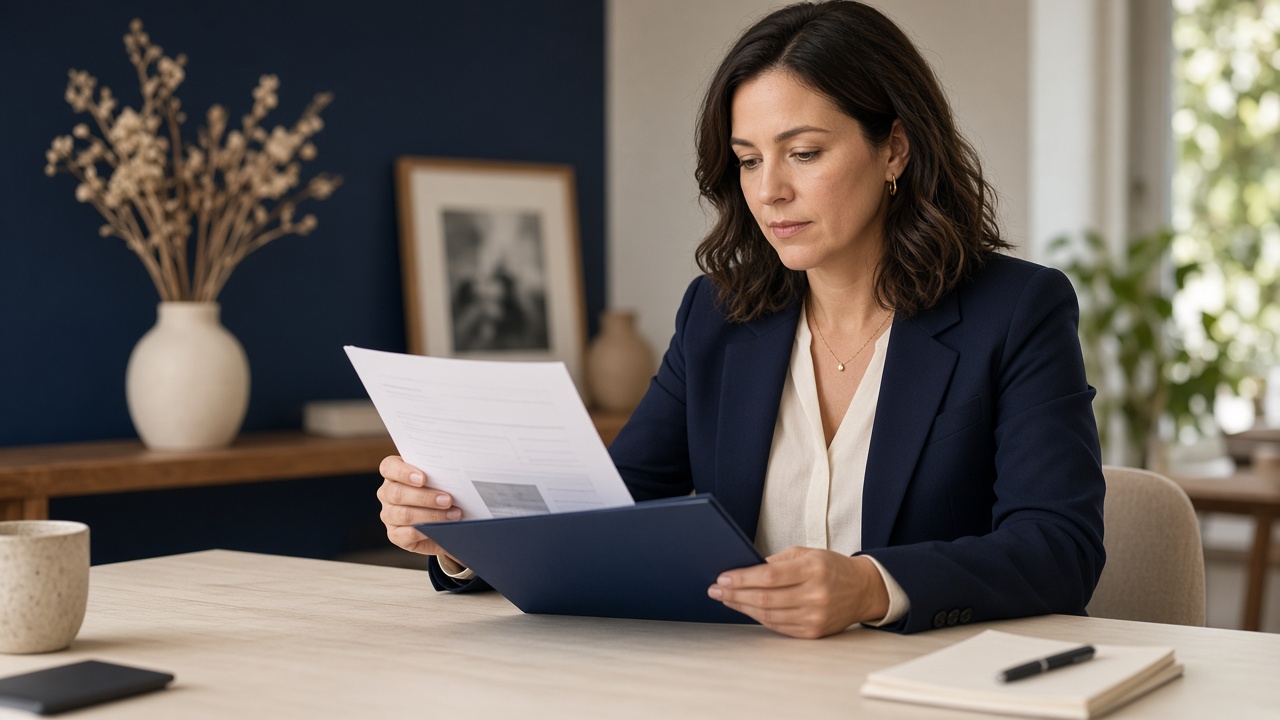 Dallas owner reviewing a website proposal folder at a cream studio desk