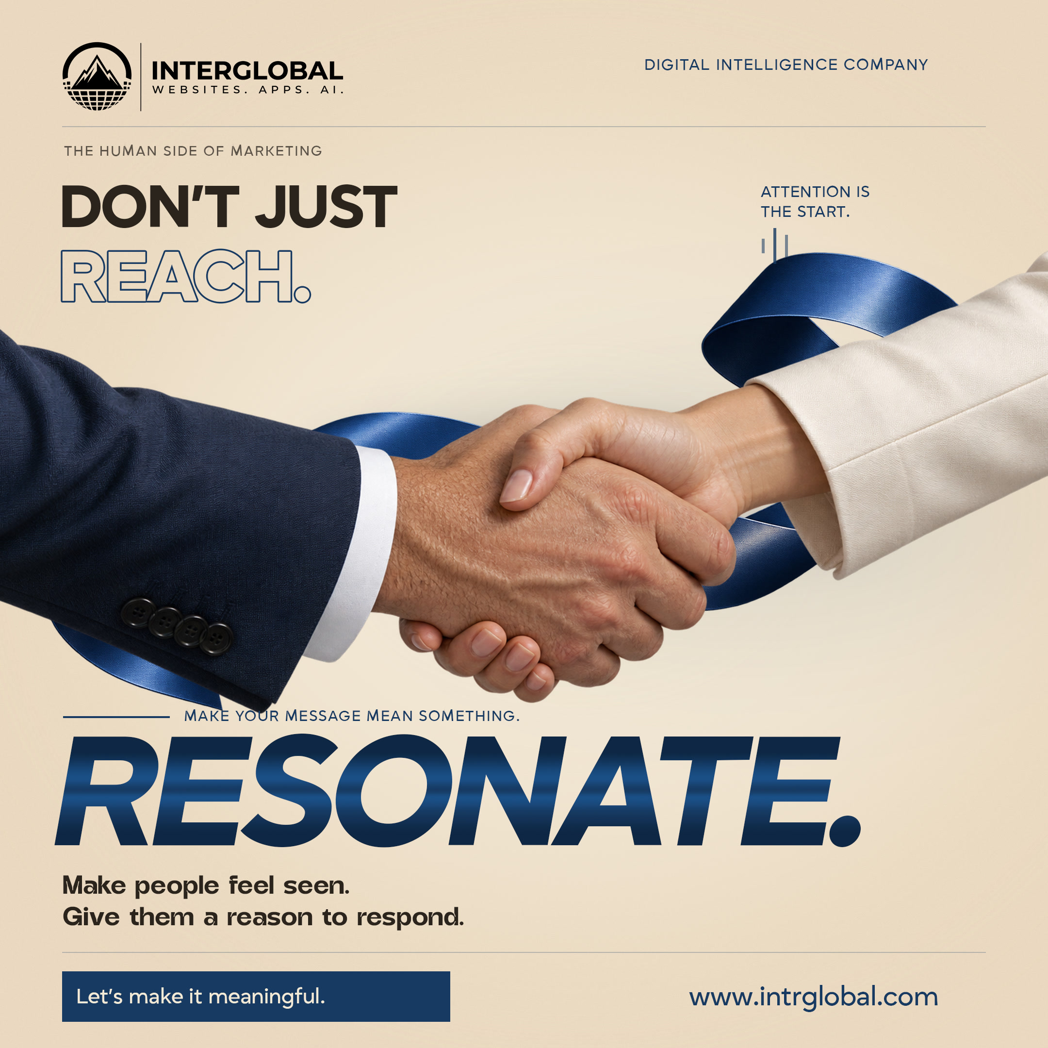 Cream poster. Two people already shaking hands, with a navy ribbon behind them. Outlined REACH. and a large italic RESONATE. Button: Let's make it meaningful. Website: www.intrglobal.com.