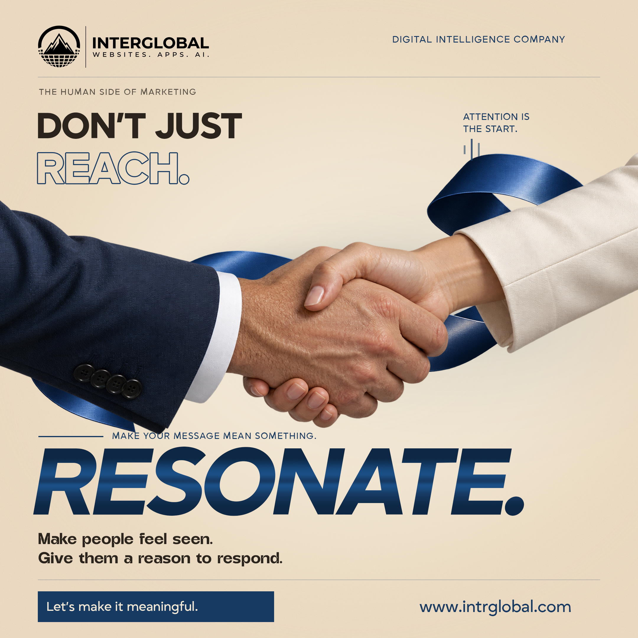 Cream poster. Two people already shaking hands, with a navy ribbon behind them. Outlined REACH. and a large italic RESONATE. Button: Let's make it meaningful. Website: www.intrglobal.com.