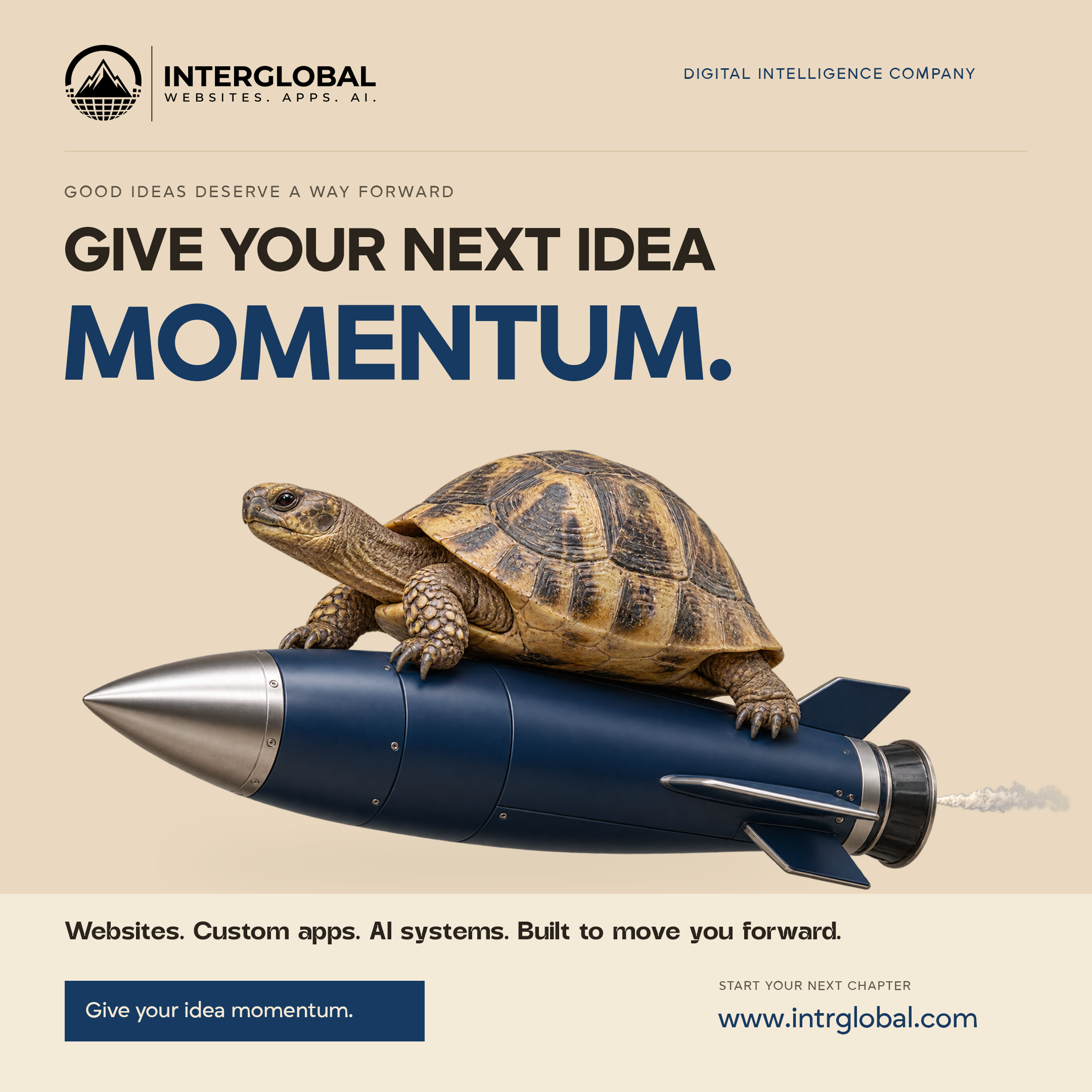 Cream poster. A tortoise sits on a navy civilian rocket with a small vapor trail. Headline: Give your next idea momentum. Button: Give your idea momentum. Website: www.intrglobal.com.