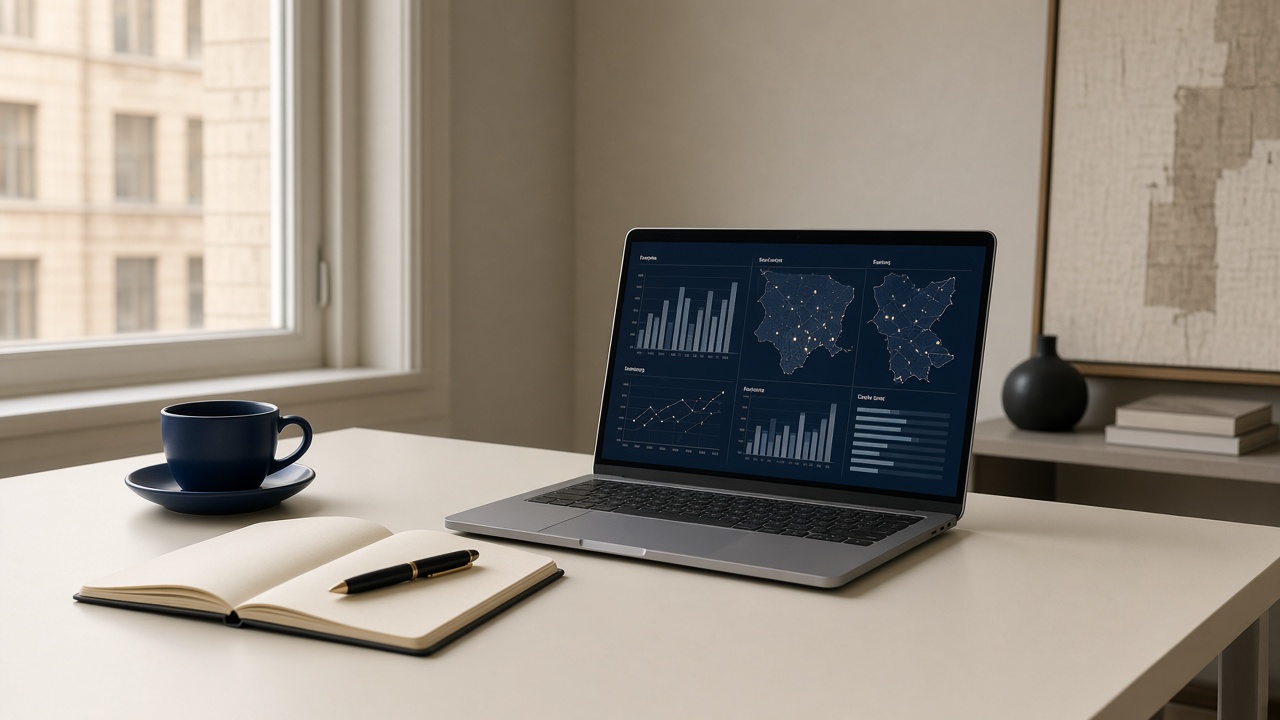 Cream studio desk with navy advertising dashboard for the Dallas AI Max guide