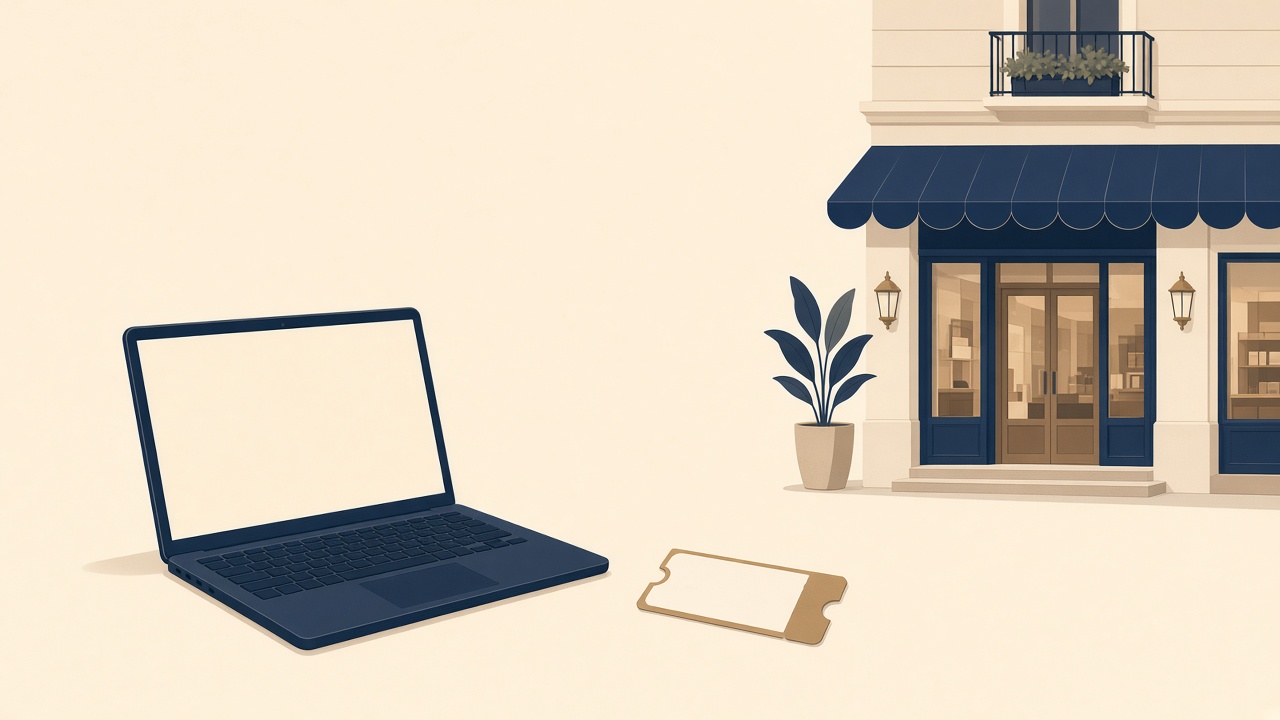 A navy laptop, a small ticket, and a storefront on cream paper, for an ad offer that has to match the shop.