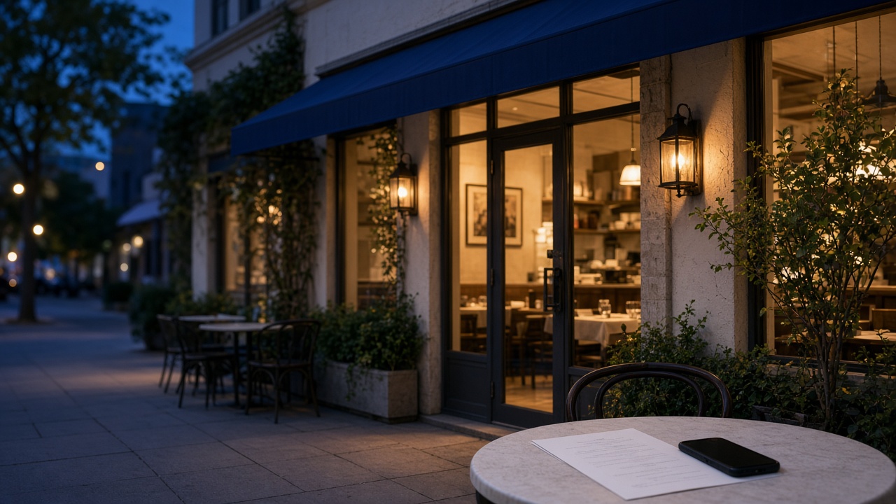 Dallas storefront at blue hour for the Google AI Overviews SEO guide