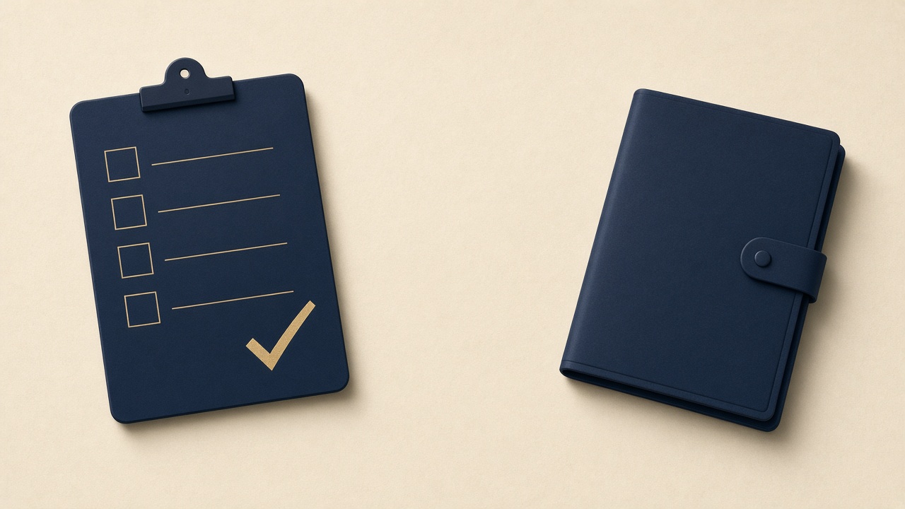 Navy clipboard and closed notebook on cream paper, a visual for checking a site after a spam update.