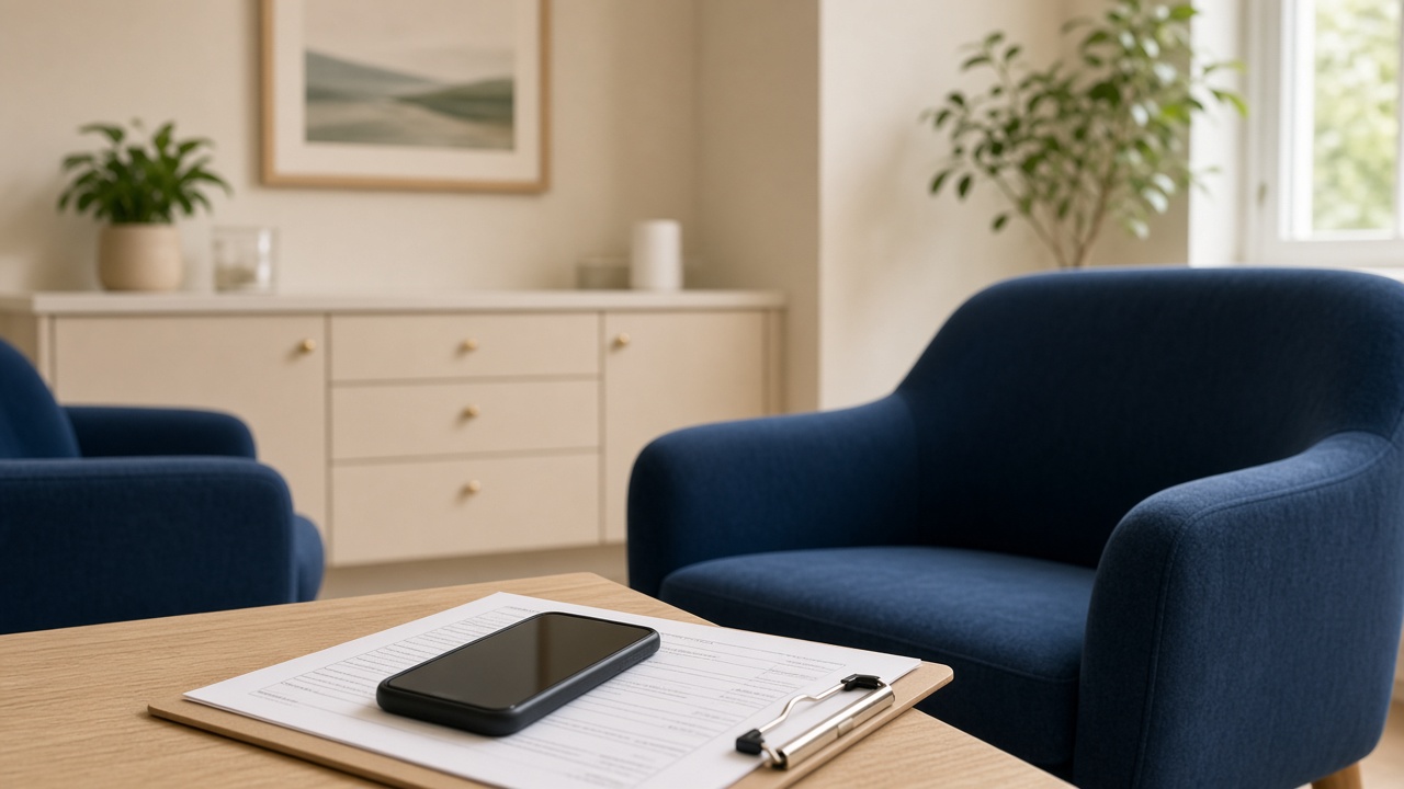 Navy chairs and a clipboard with a phone on a cream Dallas intake desk