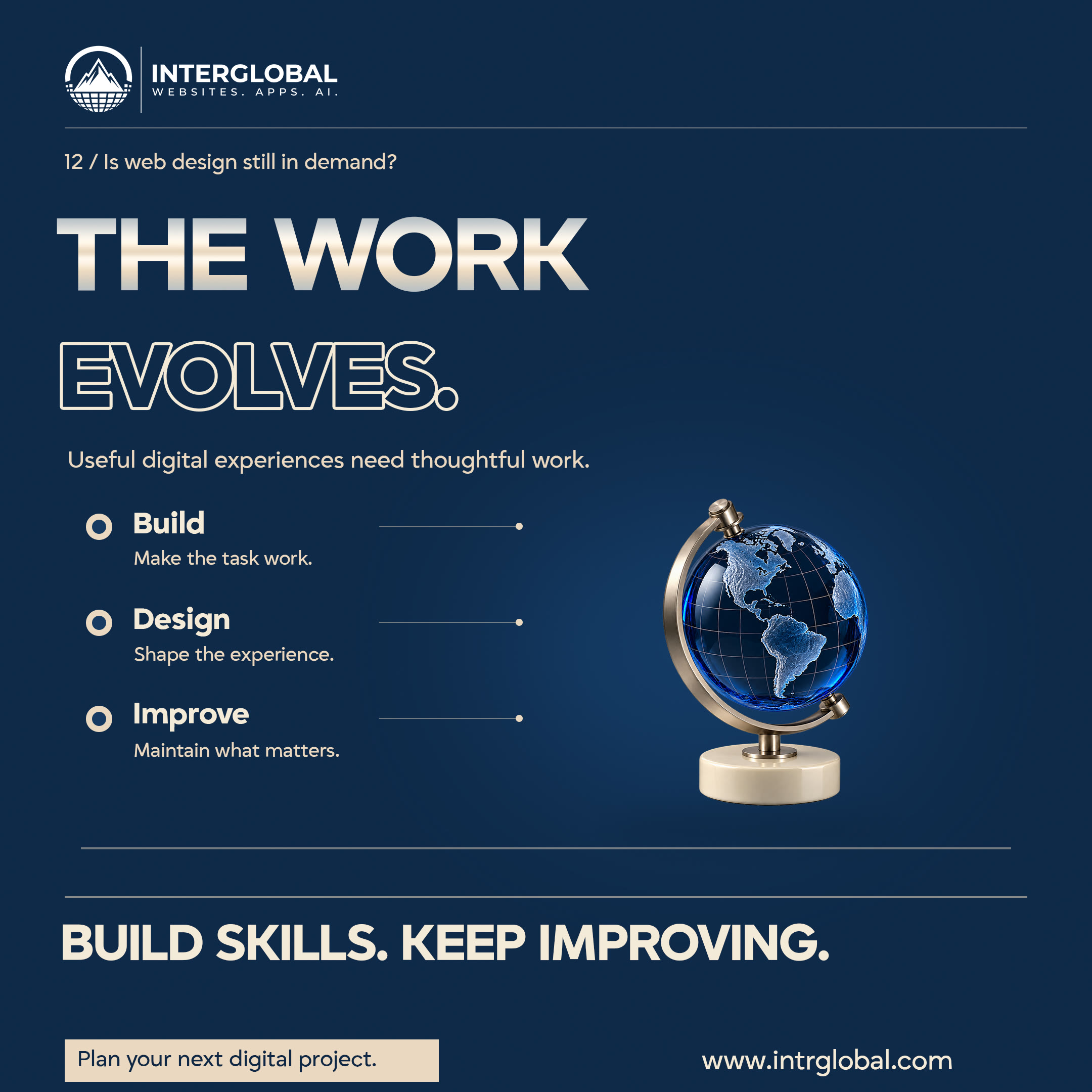 Navy poster. THE WORK EVOLVES. A globe and three tasks. Button: Plan your next digital project. Website: www.intrglobal.com.
