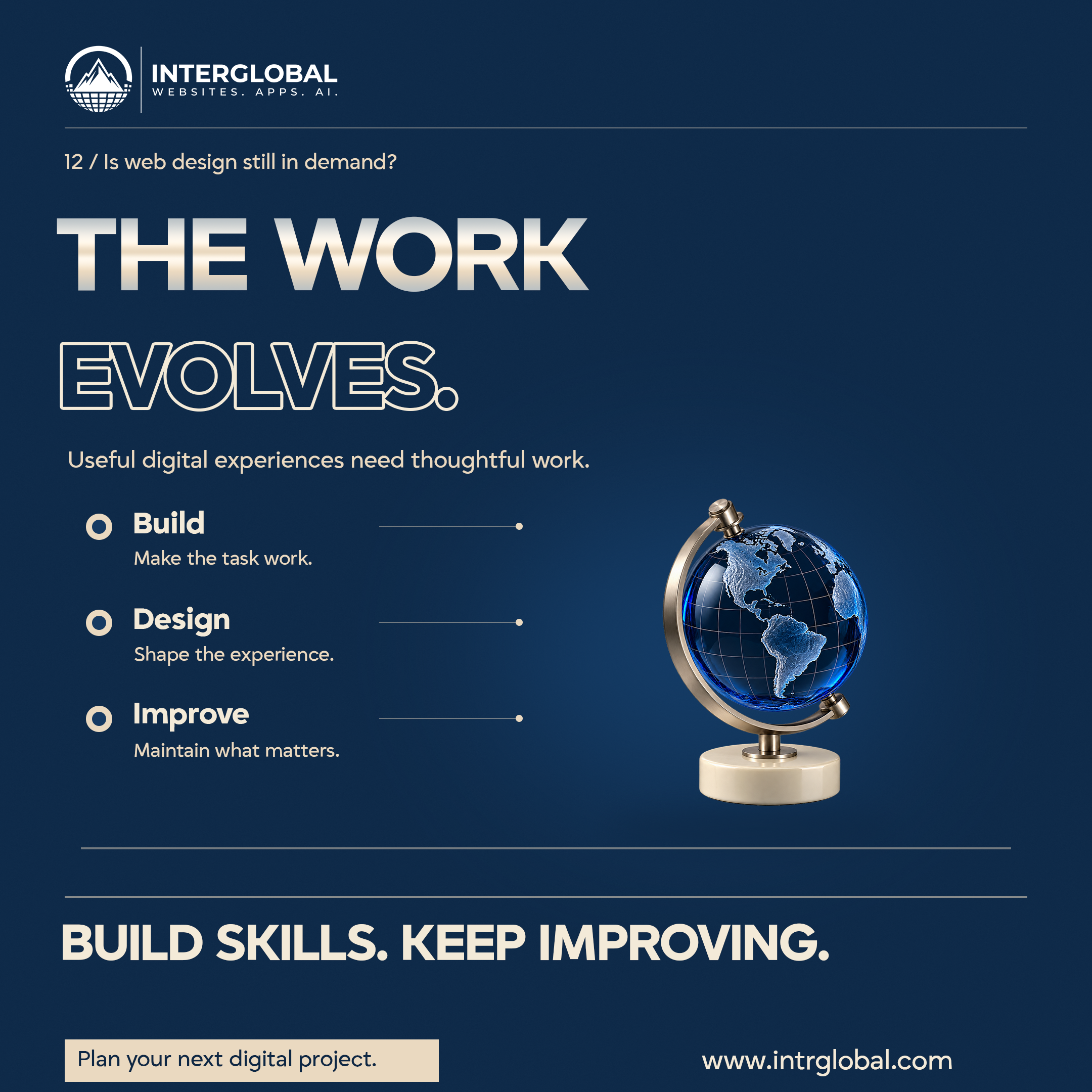 Navy poster. THE WORK EVOLVES. A globe and three tasks. Button: Plan your next digital project. Website: www.intrglobal.com.