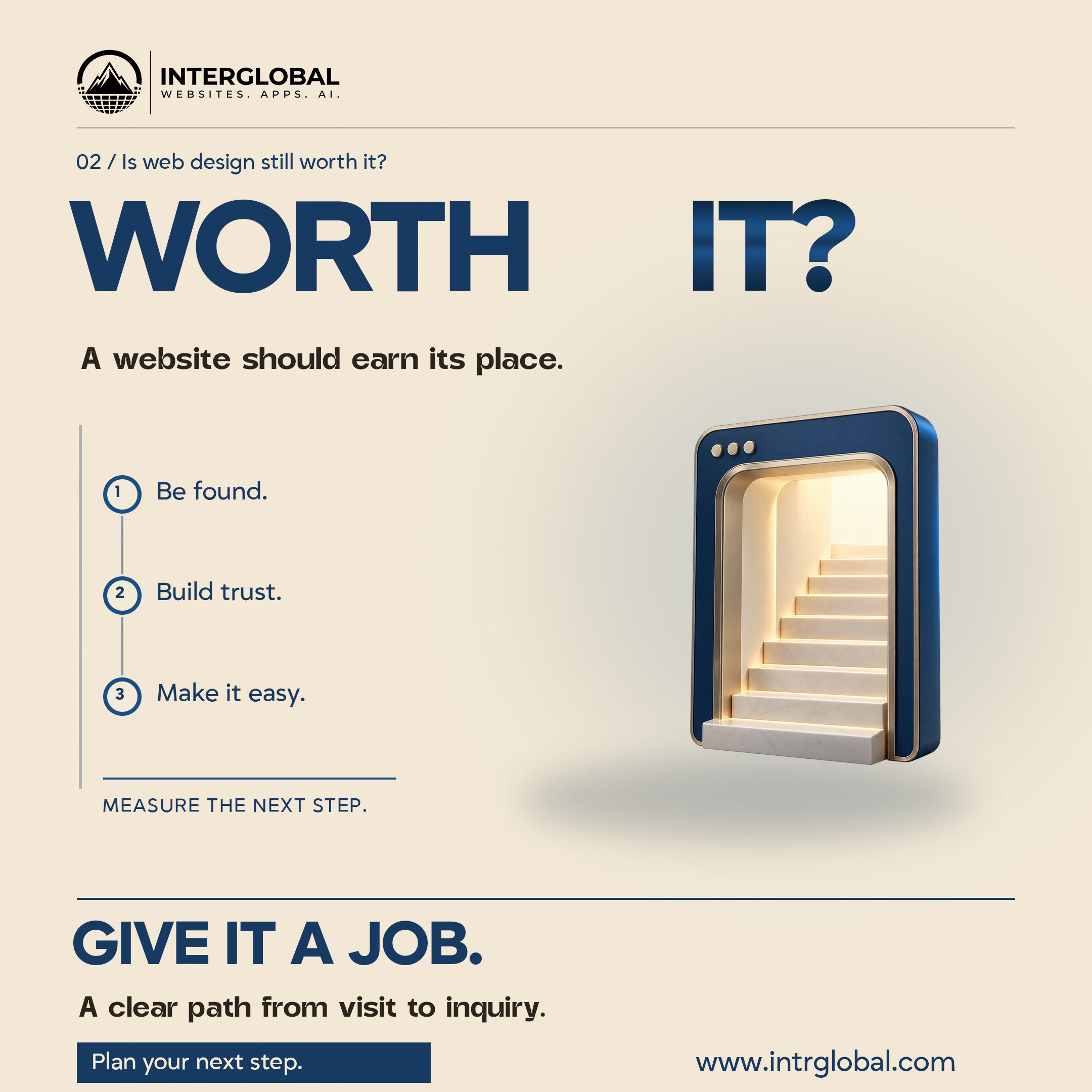 Cream poster. WORTH IT? Be found, build trust, make it easy, then measure the next step. Button: Plan your next step. Website: www.intrglobal.com.