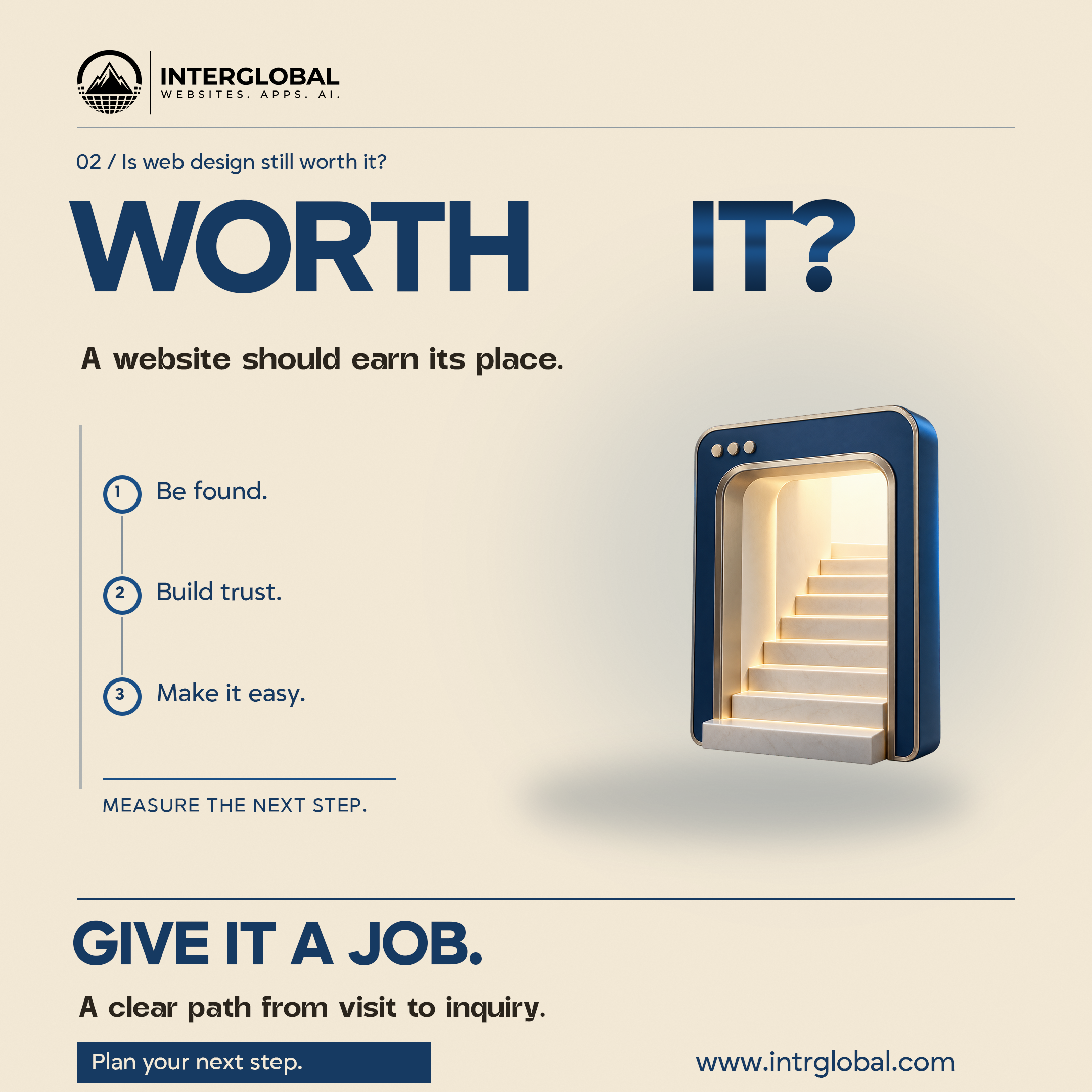 Cream poster. WORTH IT? A portal and a three-step path: Be found, Build trust, Make it easy. Then measure the next step. Button: Plan your next step. Website: www.intrglobal.com.