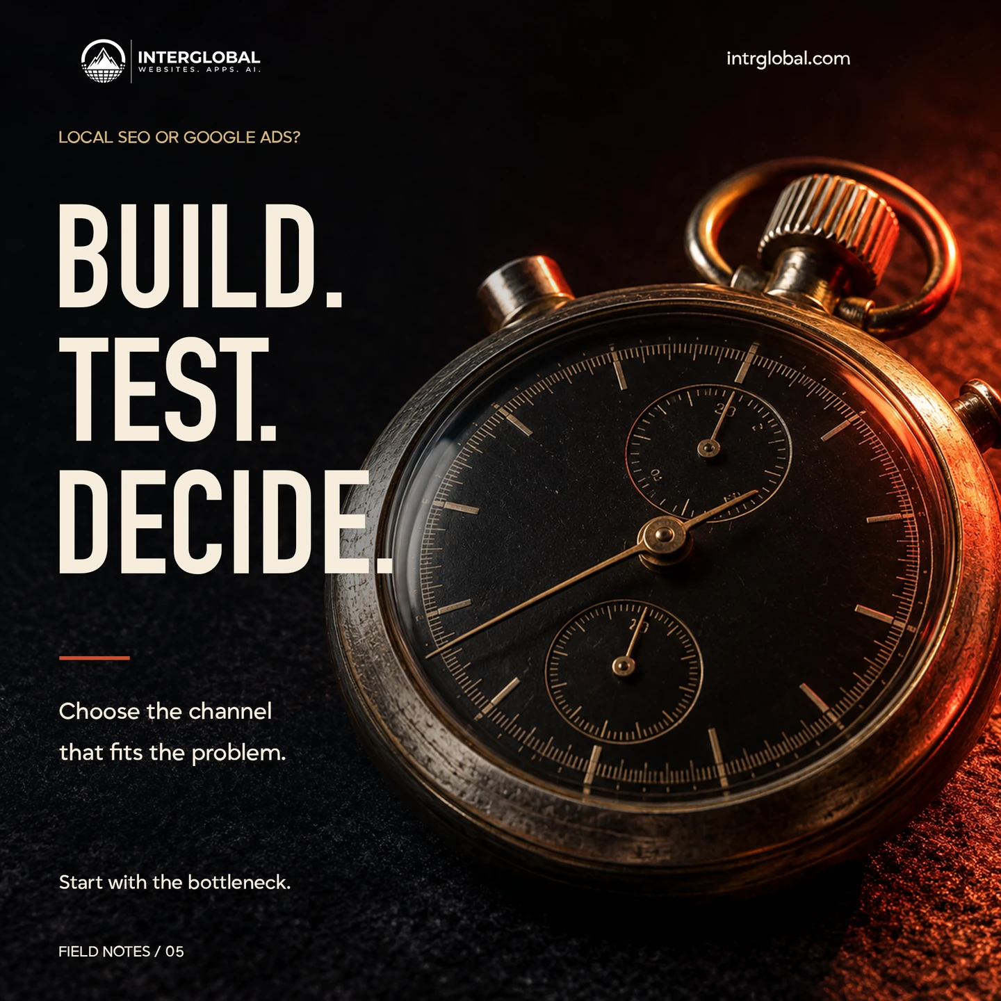 Illustrative stopwatch beside “Build. Test. Decide.”