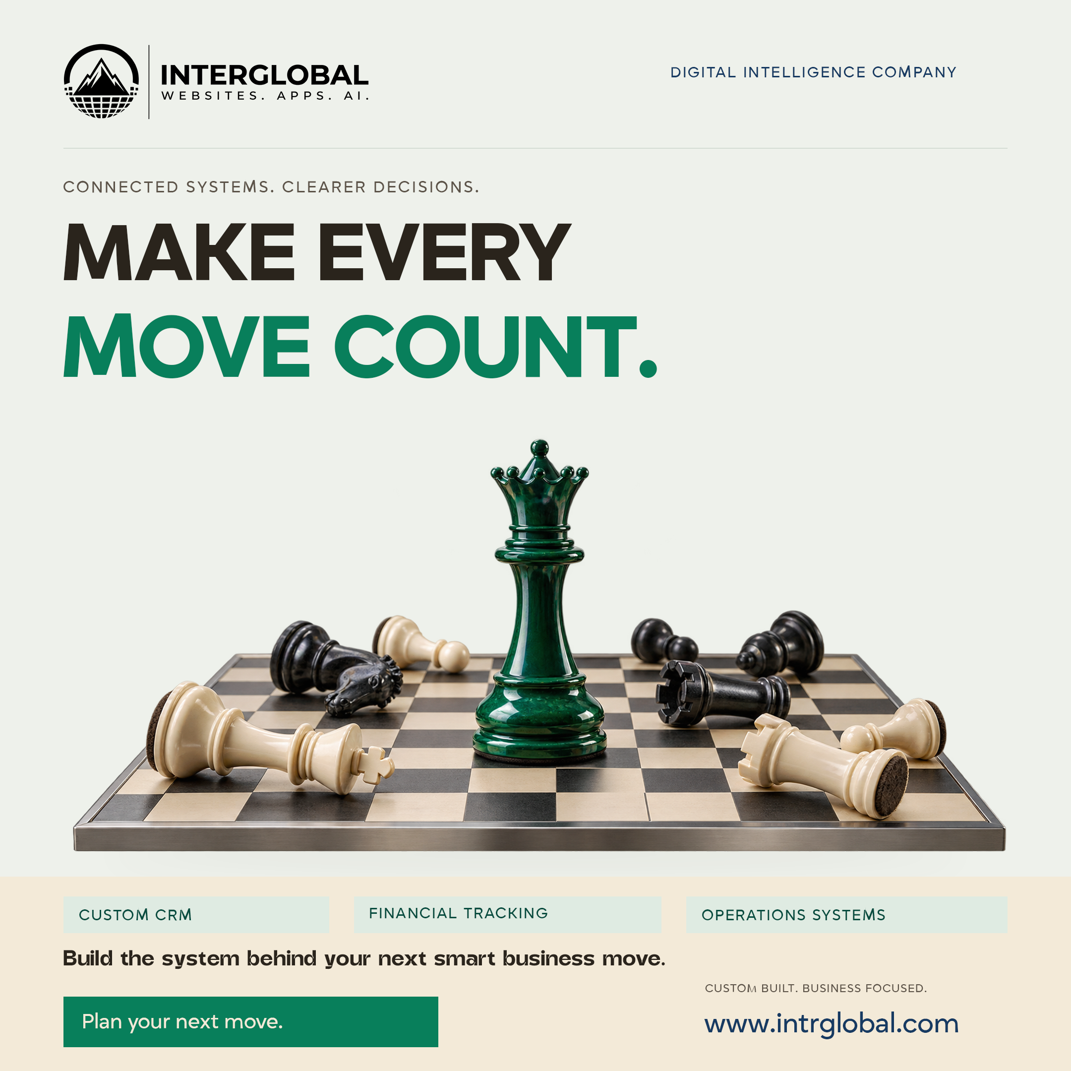 Sage poster. One chessboard with resting pieces. Headline: Make every move count. Chips for a custom CRM, financial tracking, and operations systems. Button: Plan your next move. Website: www.intrglobal.com.