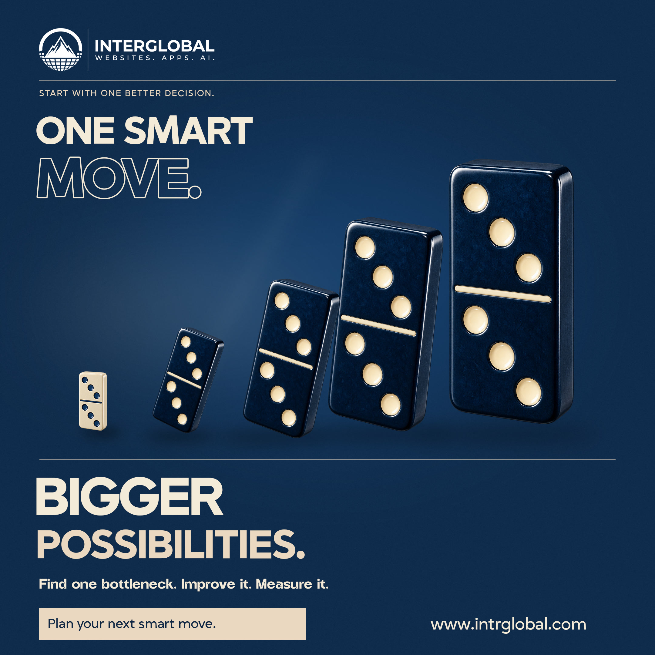 Navy poster. Five dominoes in a rising line. ONE SMART MOVE. BIGGER POSSIBILITIES. Button: Plan your next smart move. Website: www.intrglobal.com.