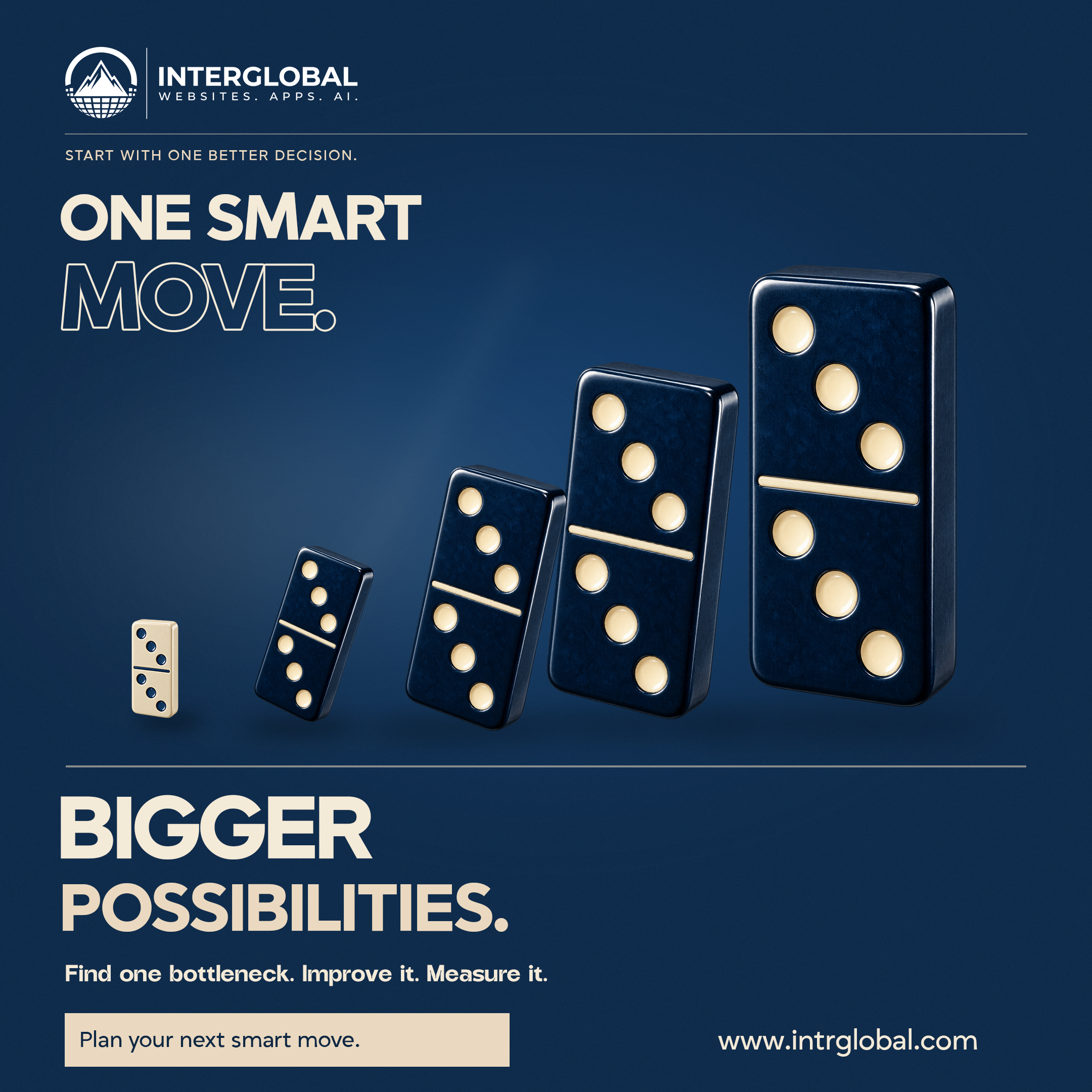 Navy poster. Five dominoes in a rising line. ONE SMART MOVE. BIGGER POSSIBILITIES. Button: Plan your next smart move. Website: www.intrglobal.com.