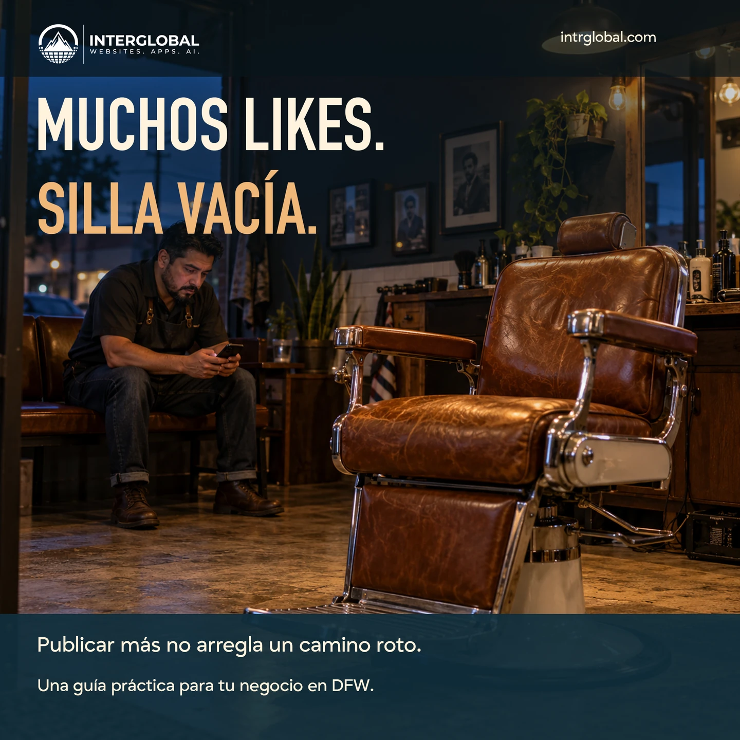 Escena ilustrativa de un barbero frente a una silla vacía al anochecer.