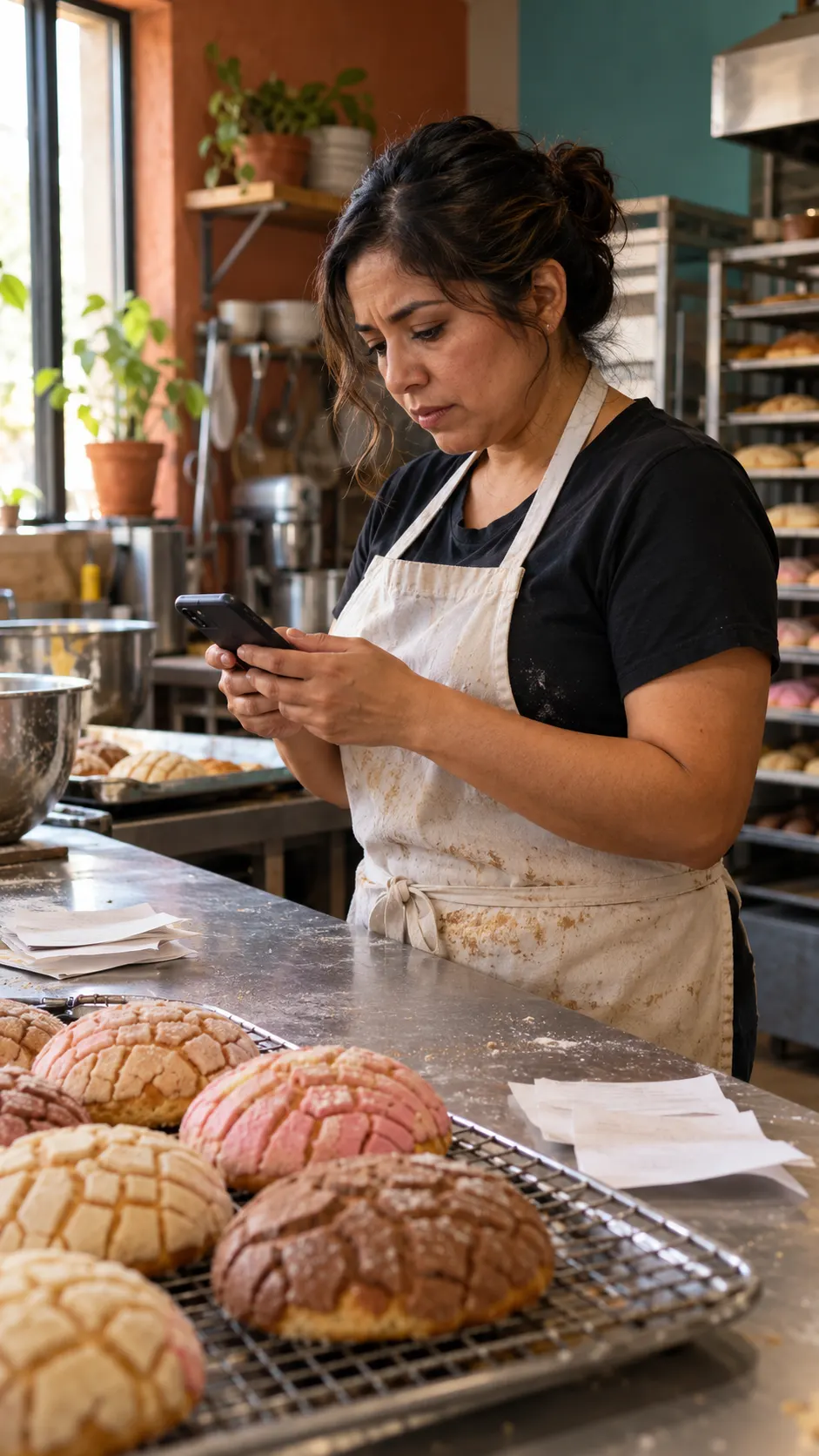 Escena ilustrativa de una panadera revisando su teléfono.