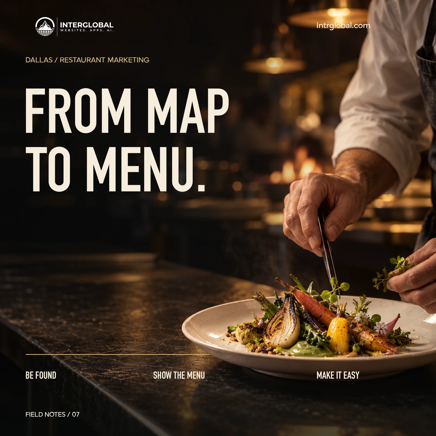 Illustrative chef plating a dish beside “From map to menu.”