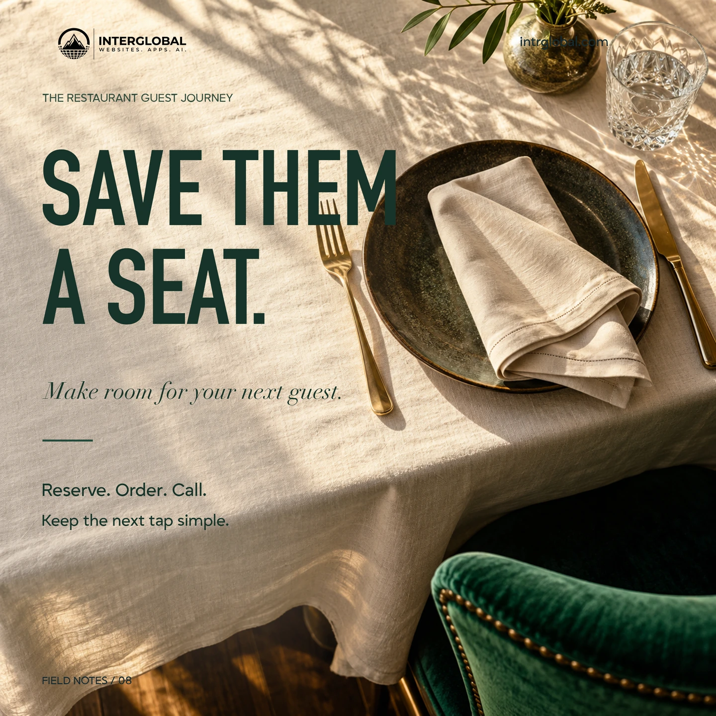 Illustrative place setting and green chair beside “Save them a seat.”