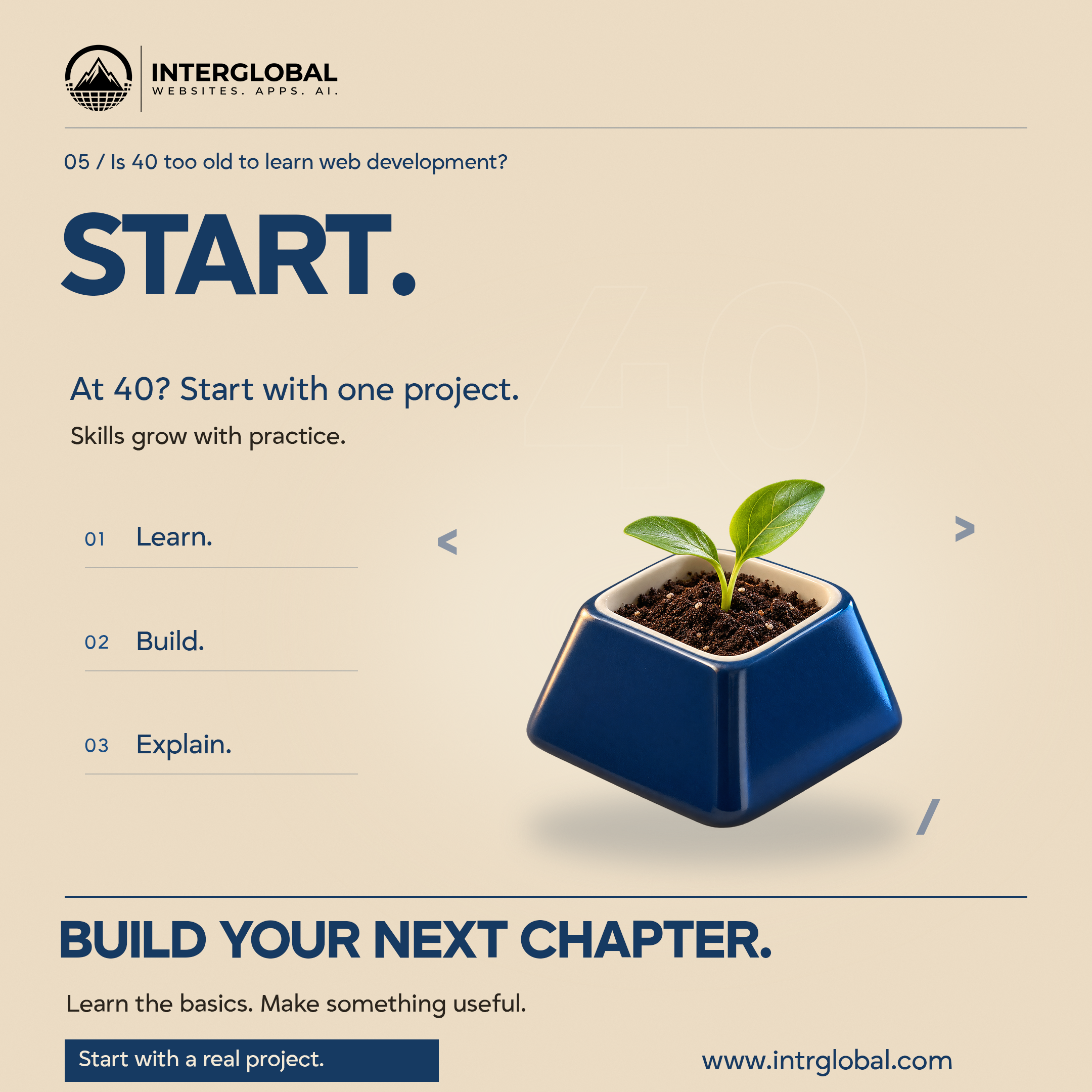 Cream poster. START. A key planter with a seedling. Learn, Build, and Explain. Button: Start with a real project. Website: www.intrglobal.com.