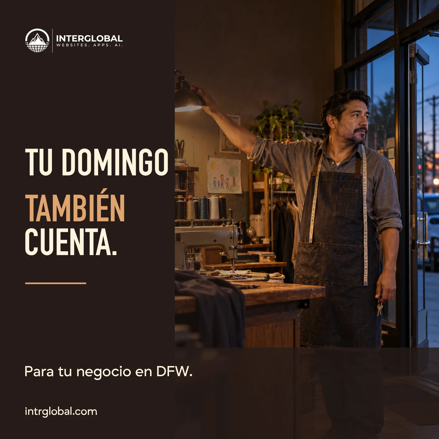 Escena ilustrativa de un sastre cerrando el taller al anochecer.