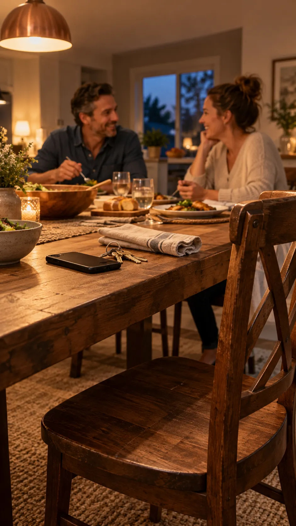 Escena ilustrativa de una cena con el teléfono boca abajo sobre la mesa.