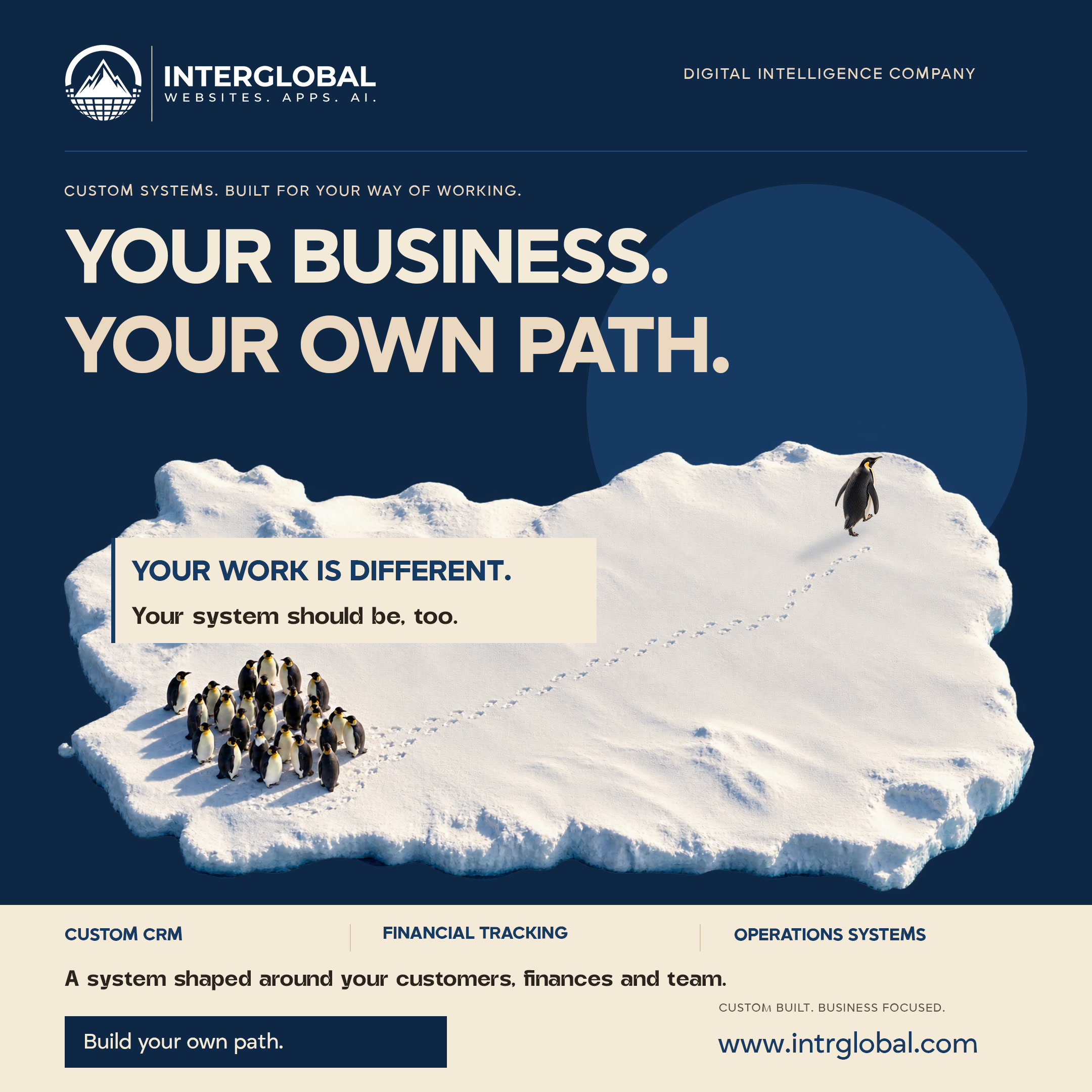 Navy poster. One ice scene with a colony and a footprint trail, plus a separate penguin. Headline: Your own path. A paper caption, then custom CRM, financial tracking, and operations. Button: Build your own path. Website: www.intrglobal.com.