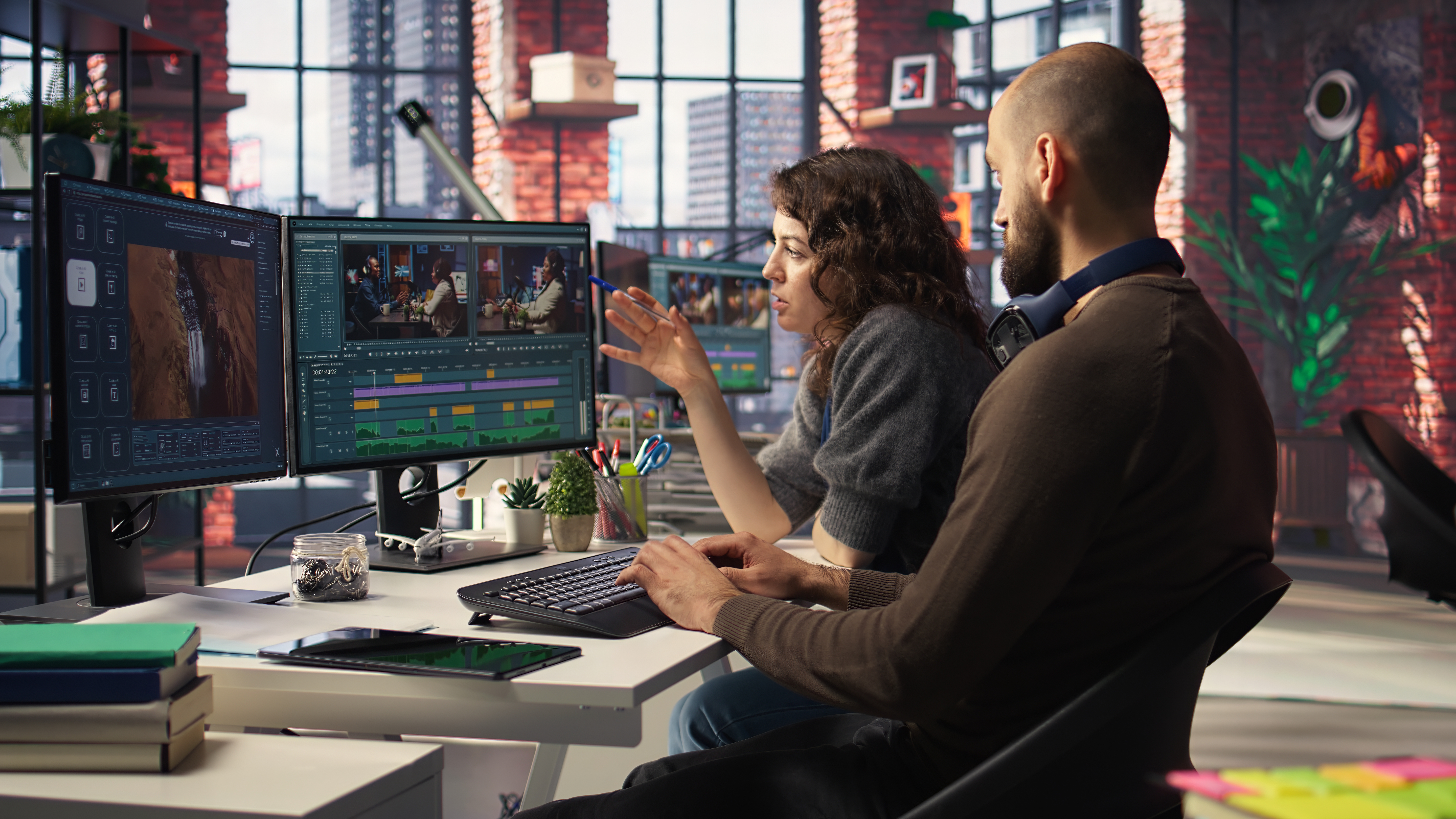 Video production team editing content for social media marketing